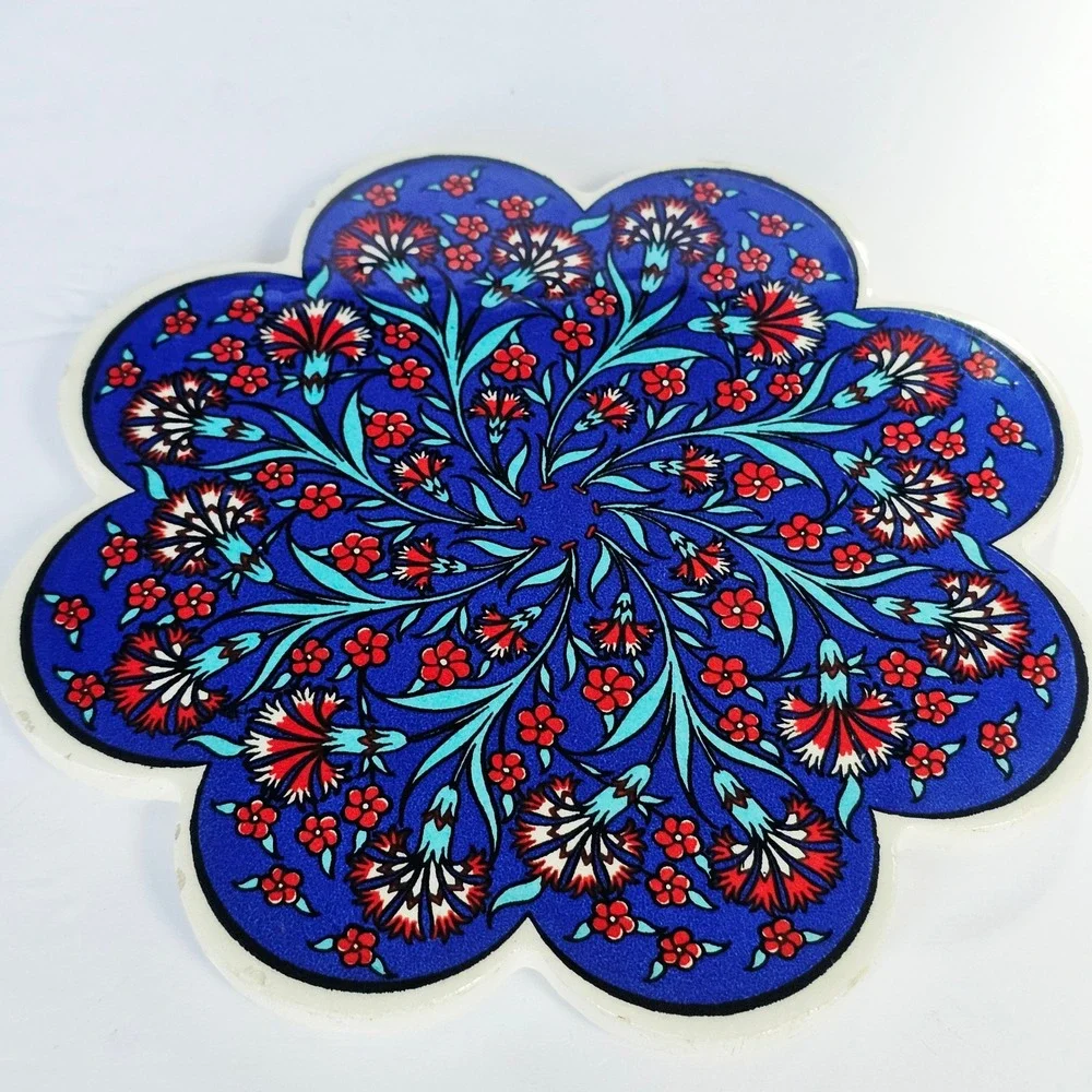 Vintage Turkish Ceramic Trivet Iznik Floral Scalloped Hot Plate Made in Turkey